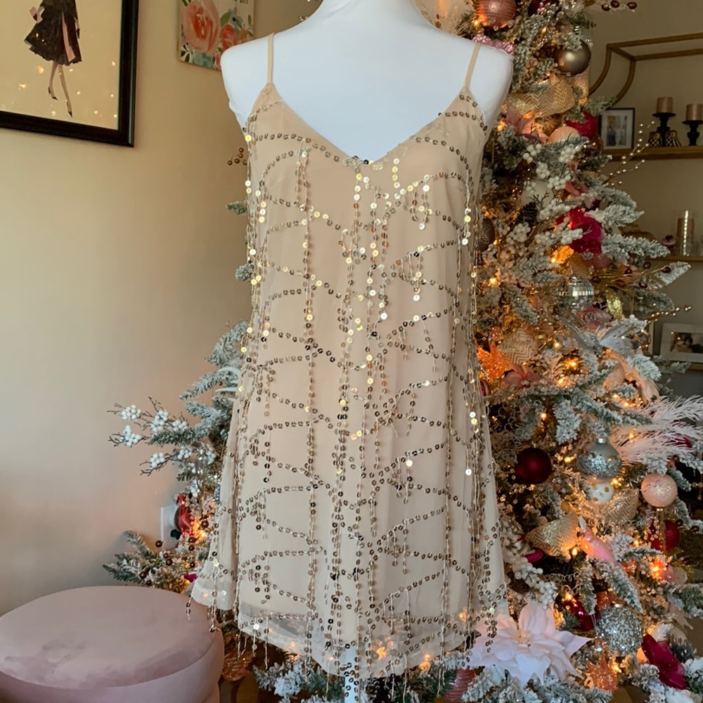 Boohoo gold sequin fringe dress